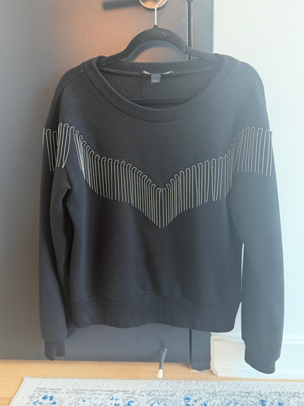 All Saints Black Crewneck Sweatshirt with Metallic Fringe Stitching